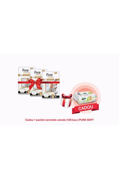 Pure Baby Set Of 3 Packs No. 3, 168 Diapers, With 1 Pack Of Wet Wipes, 120 Pcs.