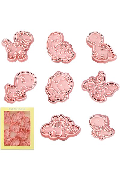 Veaoiy Set de 8 forme de biscuiți Veaoiy, model dinozaur, polipropilenă, roz