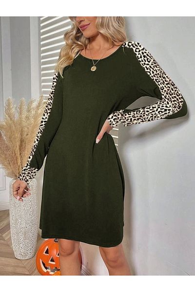 mazıdağı Rochie mini-lungime pentru femei, cu mâneci lungi, cu decolteu, cu mâneci leopard