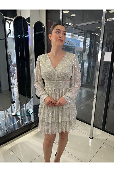 fevzuss Bej Fırfırlı Etek Kısa Pul Payet Abiye