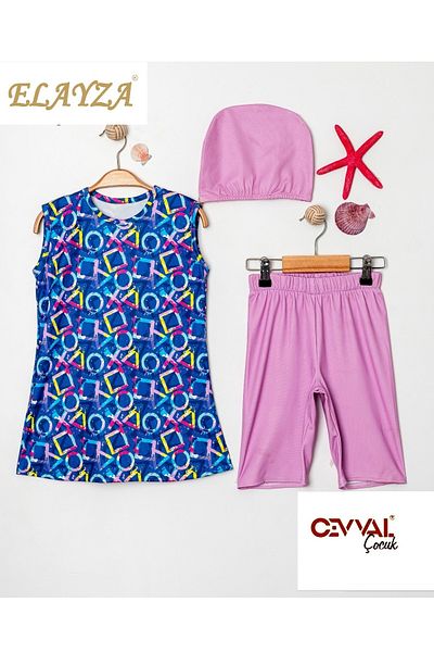Elayza Geometric Patterned Girls' Swimsuit Set of Three - Capri