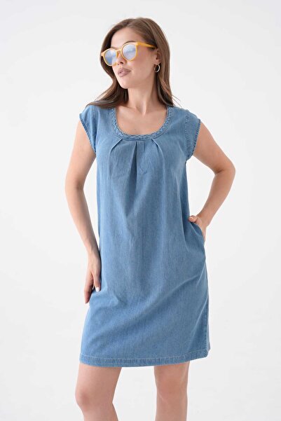 ALDAGİY PİLE YAKALI DENİM ELBİSE