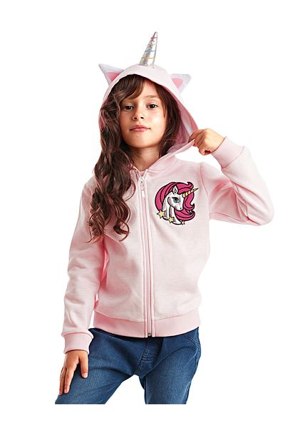 Denokids Ružový dievčenský sveter s kapucňou Unicorn