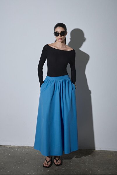 Suud Collection Mavi Lara Kloş Etek