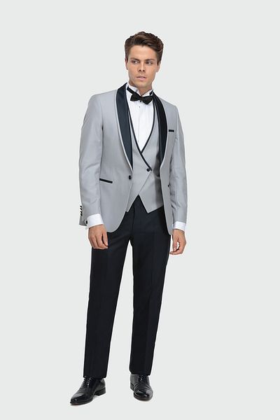 D'S Damat Slim Fit Gray Jacquard Print Groomsuit & Tuxedo Suit with Vest