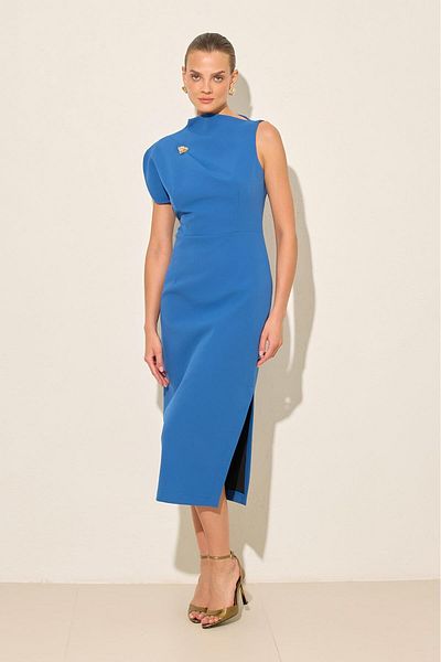 Setre Indigo One Shoulder Detailed Full Fit Midi Dress