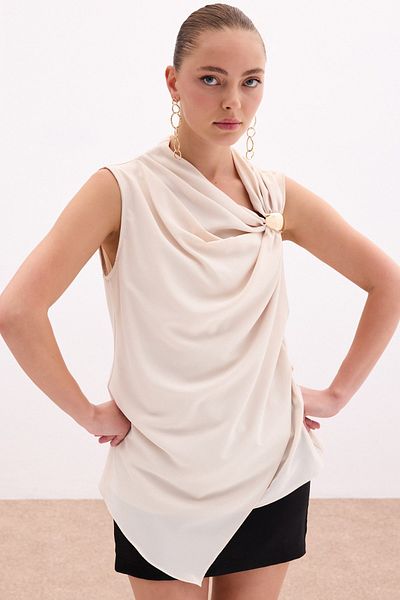 Sateen Beige One Shoulder Accessory Blouse
