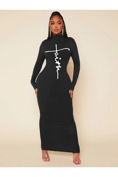 Home Rochie de damă, cu mânecă lungă, cu gât, cu imprimeu detaliat, din viscoză