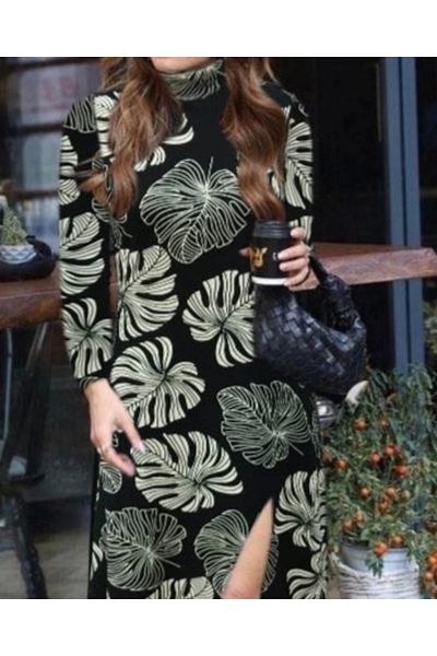 ACKonline Rochie creponată cu mânecă lungă și decolteu țesut pentru femei Silky