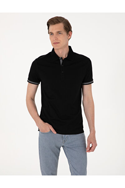 Pierre Cardin تي شيرت أسود بقصة ضيقة 100% قطن بياقة بولو وأزرار 50302616-VR046