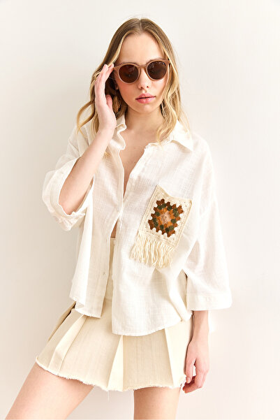 Olalook Kadın Beyaz Cep Detaylı Geniş Kol Yıkamalı Keten İçerikli Gömlek GML-19001353