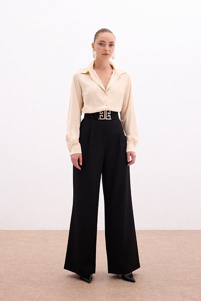 Sateen Pantaloni cu picioare late cu accesoriu pentru talie - NEGRI