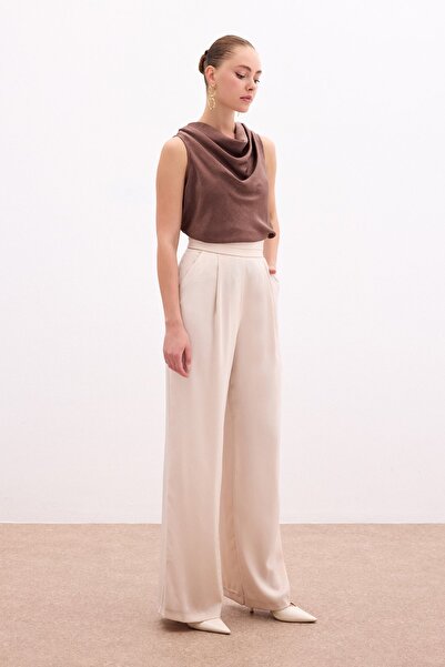 Sateen Cepli Salaş Saten Pantolon - Bej
