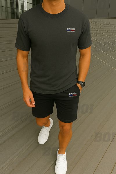 Boi Men's Minimal Paris Dream Maker T-Shirt Shorts - White with Black Shorts T-Shirt Bottom Top Team Crew Neck