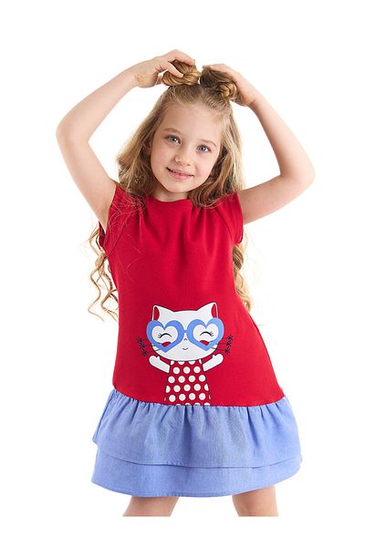 Denokids فستان بناتي صيفي أحمر مكشكش على شكل قطة