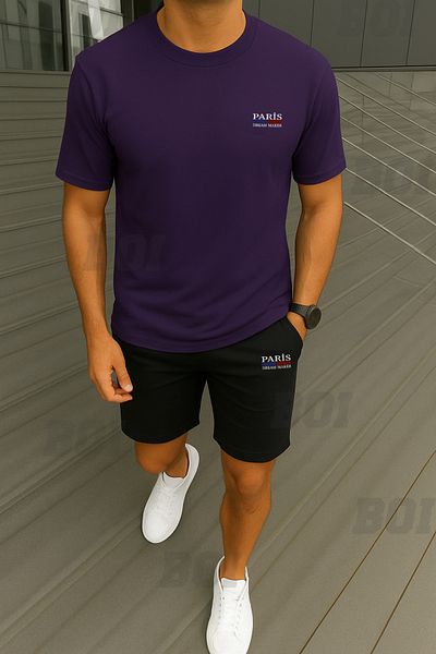 Boi Men's Minimal Paris Dream Maker T-Shirt Shorts - White with Black Shorts T-Shirt Bottom Top Team Crew Neck