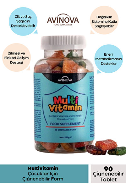 AVİNOVA Multivitamin Çocuklar İçin Çiğnenebilir Form C, D3, B Vitaminleri, Çinko Ve Meyve Aromaları