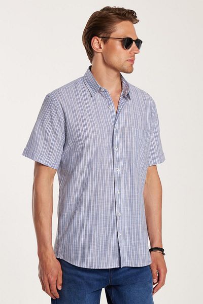 Tudors Men's Regular Fit Classic Cut 100% Cotton Short Sleeve Linen Texture Single Pocket Striped Navy Blue Shirt