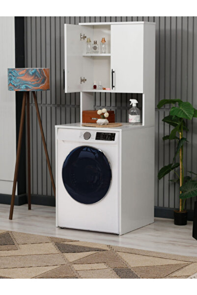 OZZIHOME Çamaşır Makinesi Dolabı 2 Kapaklı 2 Raflı Banyo Dolabı