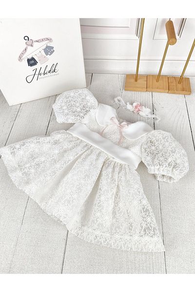 Hobidik Baby Girl Tulle Embroidered Belted Pink Bow Vintage White Dress