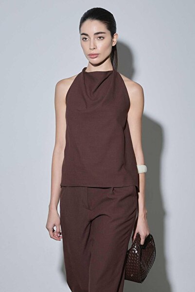 Suud Collection Dark Brown Gabriel Halter Collar Linen Blouse