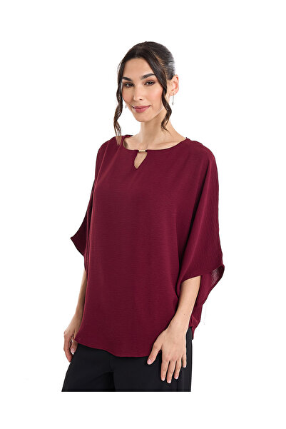 R&B بلوزة سادة بفتحة رقبة على شكل مفتاح وأكمام كيمونو