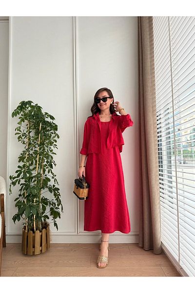 My Blog Red Modal Shirt Dress Set - 51153