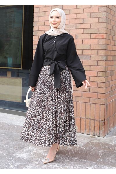 Miyalon Leather Looked Pleated Leopard Trousers Skirt with Elastic Waist