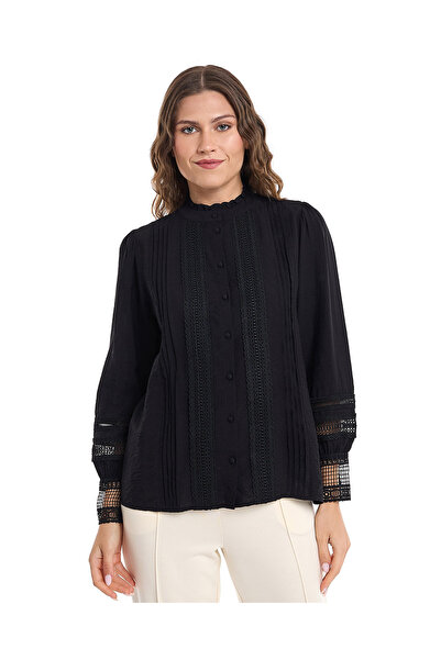 R&B Lace Trim Shirt with Stand Collar and Bishop Sleeves