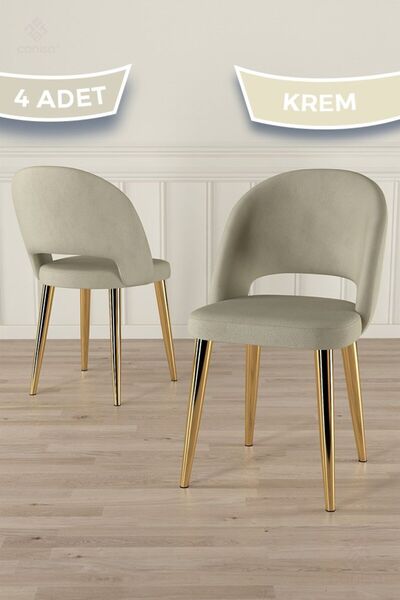 Canisa Pane Serisi 4 Adet Krem Mutfak Sandalyesi Gold Kaplama Metal Ayak 1. S...