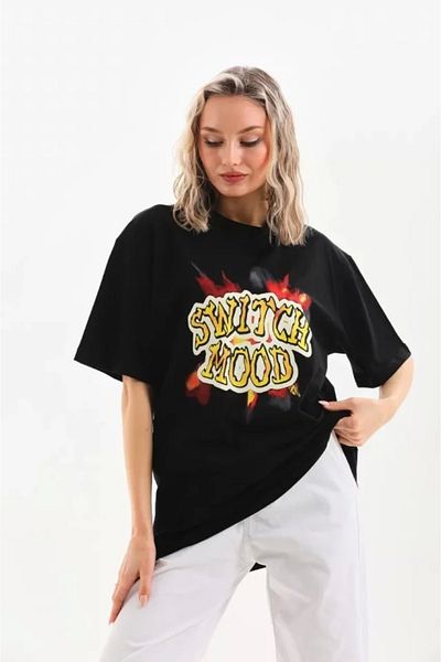 Wheat Butik Unisex Printed Oversize Thirt negru