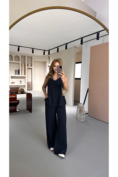 Sezgi Tekin V-Neck Blouse Loose Pants Black Modal Set