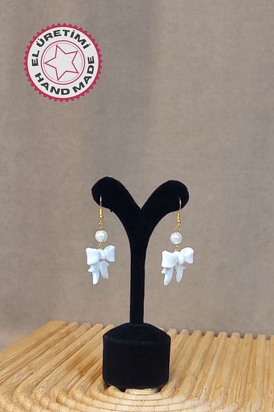 Uretti - Hatice 4962 Handmade Pearl Detailed Polymer Clay Bow Earrings
