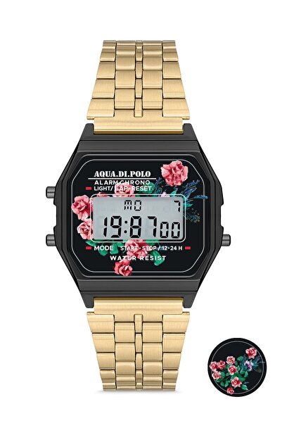 Aqua Di Polo 1987 Gold Kadın Retro Çiçek Desenli Dijital Kol Saati