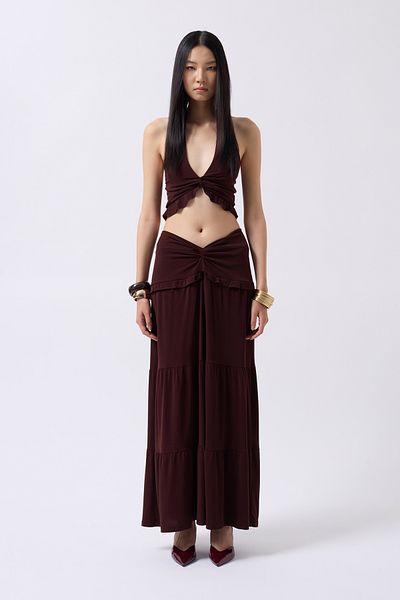 Black Fashion Λεπτομέρεια με κόμπο βολάν καφέ Crop