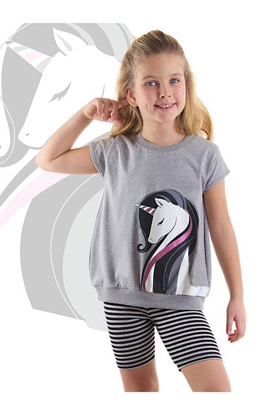 Denokids Gestreiftes Einhorn-Mädchen-Set mit grau-schwarzen Sommer-T-Shirts und Leggings