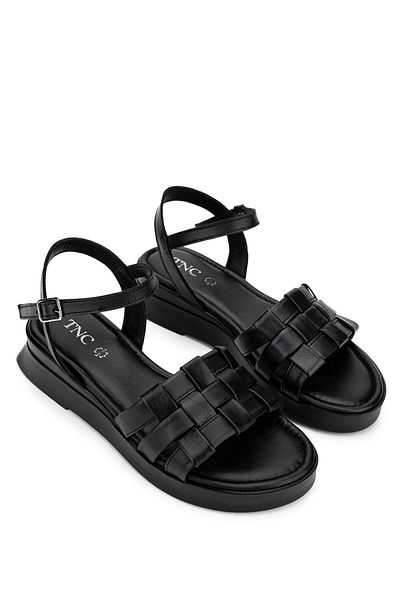 Tamer Tanca Women's Genuine Leather Black Leather Flat Sandals