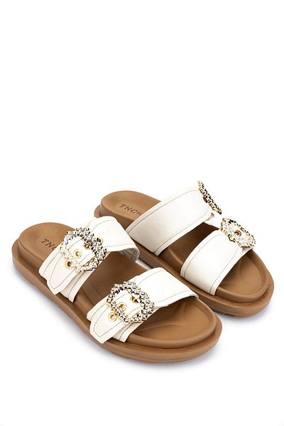 Tamer Tanca Women's Genuine Leather Beige Flat Slippers