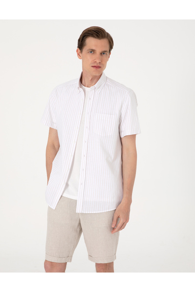 Pierre Cardin Bej Regular Fit Çizgili Kısa Kollu Gömlek 50307082-VR011