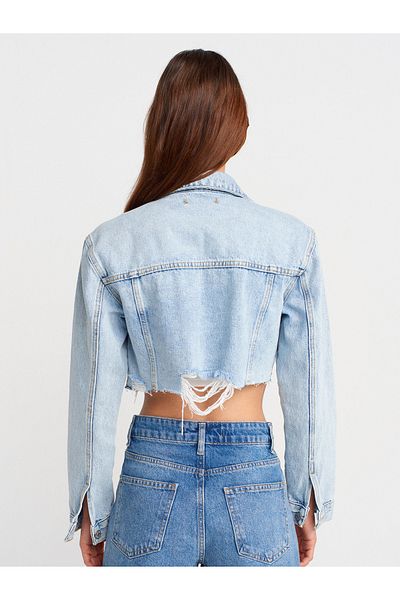Dilvin 65377 Jachetă din denim crop cu detalii laser-albastru