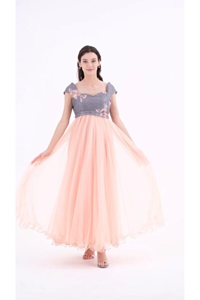 Desen Hamile Giyim Somon Tül Üzeri Payet İşlemeli Abiye Hamile Elbise