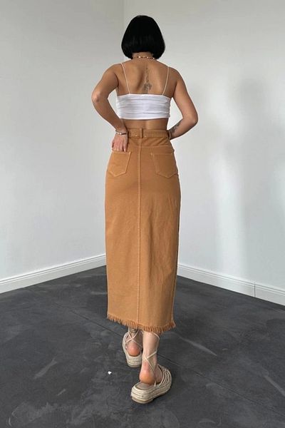 Silerra Camel Gabardine Dyed Tasseled Skirt