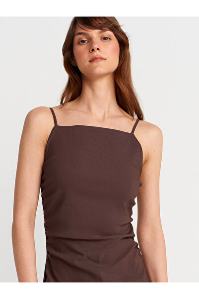 Dilvin 91479 Büzgülü Midi Elbise-Kahve