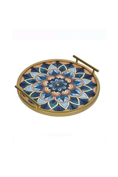 OEM Round Metallic Tray, Gold, Light Blue, Mandala Design, with Handles, 35cm