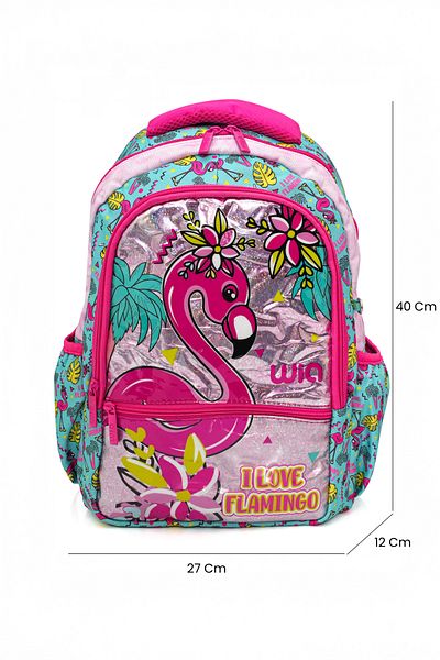 Wia 3 Compartment Palm Flamingo Bag Set - School Bag, Lunchbox with Thermos, Pen Holder