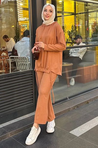 Tesettür Diyarı Women's Ribbed Hooded Double Suit - Camel