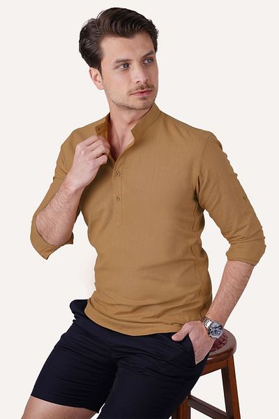Etikmen Pánská košile Tan Color Judge Collar Linen – 3 knoflíková dárková krabička