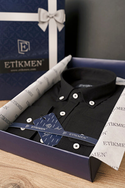 Etikmen Ανδρικό πουκάμισο λινό Slimfit - Μαύρος γιακάς, Κουμπωτό, Κουτί δώρου