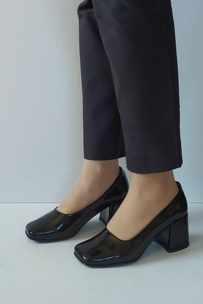 ERS Air Comfort Women's Black Patent Leather Genuine Leather Classic Heeled Shoes Blunt Toe Simple Stylish