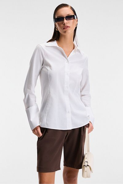 GRIMELANGE Papilus Women's Regular 100% Organic Cotton Slim Long Shirt Collar Long Sleeve White Shirt